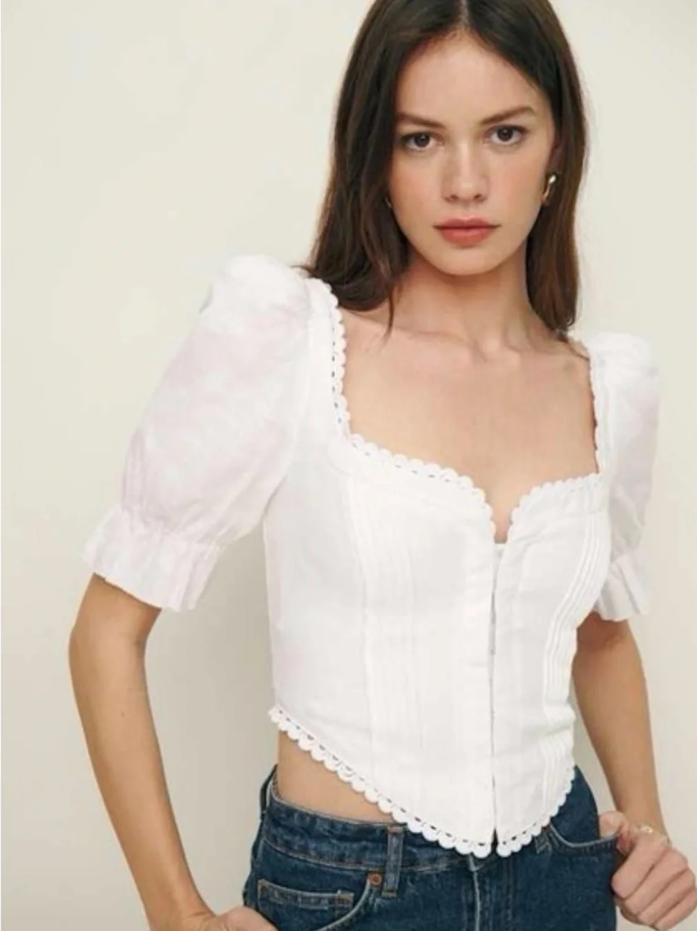 Reformation White Lace-Trim Puff Sleeve Corset Blouse